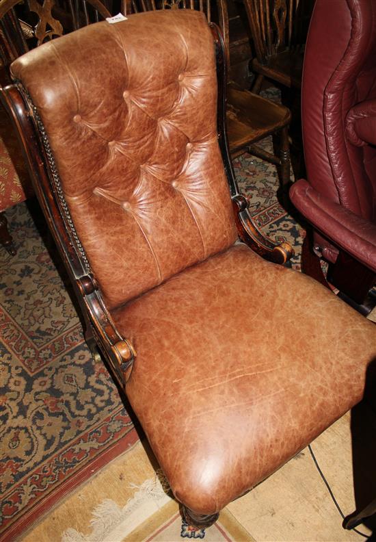 Late Victorian buttoned brown leather mahogany framed side chair